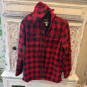 L.L. Bean Red and Black Buffalo Plaid Flannel Jacket with Hood and fleece inside